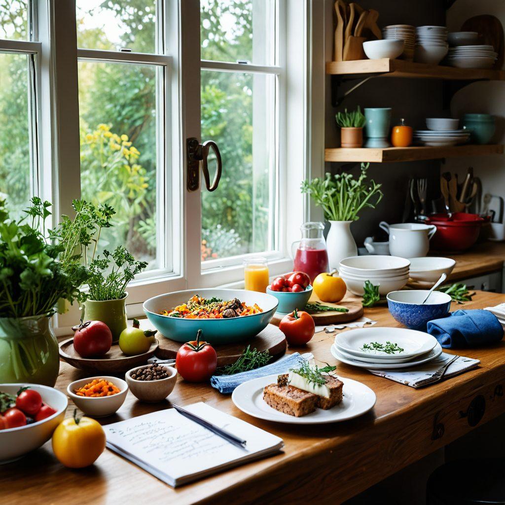 A cozy kitchen scene featuring a beautifully styled food blogger capturing vibrant dishes with a camera. Include fresh ingredients like herbs and spices, a wooden table, and bright natural light streaming through a window. Show colorful plates of gourmet dishes ready for tasting and an open notebook filled with handwritten notes. Artistic touch with whimsical elements like splashes of paint or doodles around the edges. super-realistic. vibrant colors. natural light.