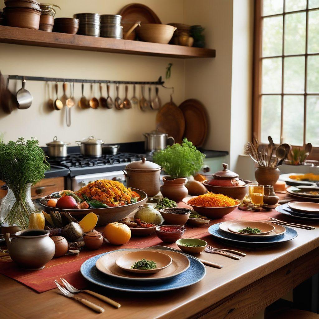 A beautifully arranged table featuring an array of diverse dishes from various cultures, with intricate storytelling elements such as handwritten recipe cards and family photos scattered around. Soft, warm lighting creates an inviting atmosphere, while a subtle hint of spices and herbs wafts through the air, inviting the viewer to explore deeper. Artistic kitchen utensils can be seen in the background, hinting at the craftsmanship of cooking. warm tones. vibrant colors. super-realistic.