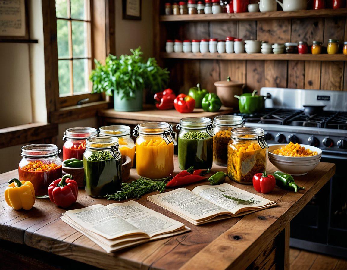 An inviting kitchen scene featuring a colorful array of peppers—red, green, and yellow—alongside various spices in decorative jars. A wooden cutting board with freshly chopped peppers and a pot simmering on the stove, emitting delicious steam. Incorporate handwritten recipe pages scattered around, displaying pepper-based dishes. A warm, cozy ambiance with soft lighting highlighting the vibrant colors of the ingredients. realistic style. warm tones. soft focus.